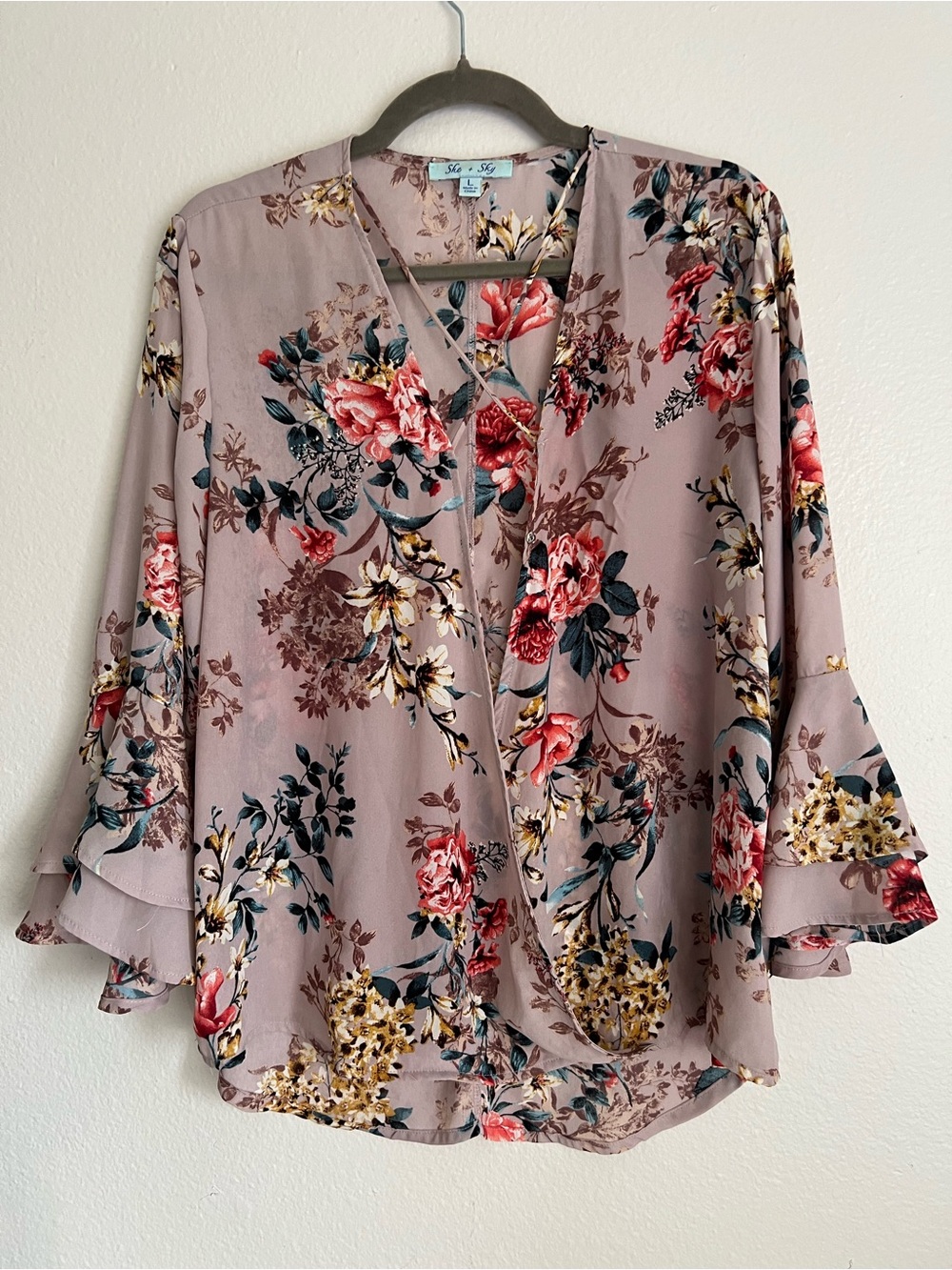 She + Sky Dusty Mauve Floral Wrap Blouse